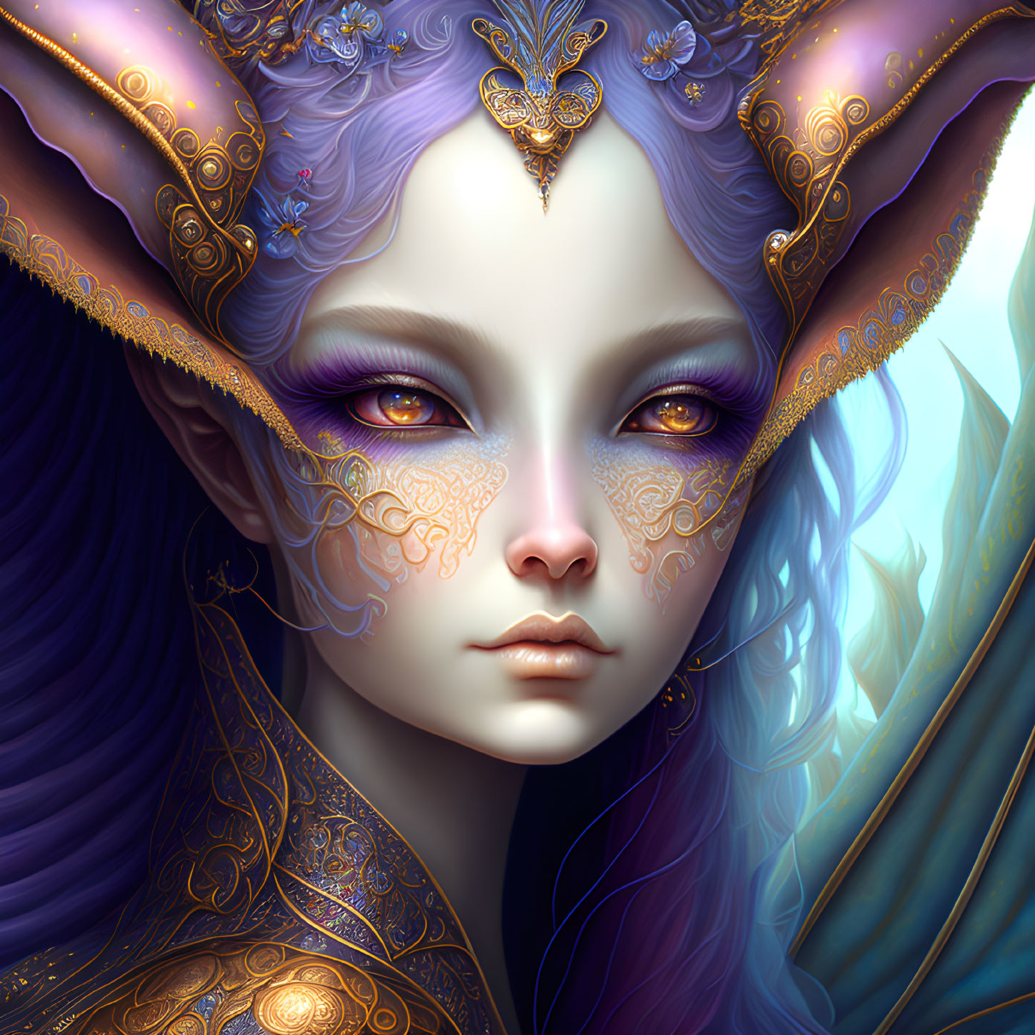 Fantasy character with purple hair, gold-trimmed ears, and mystical mask.