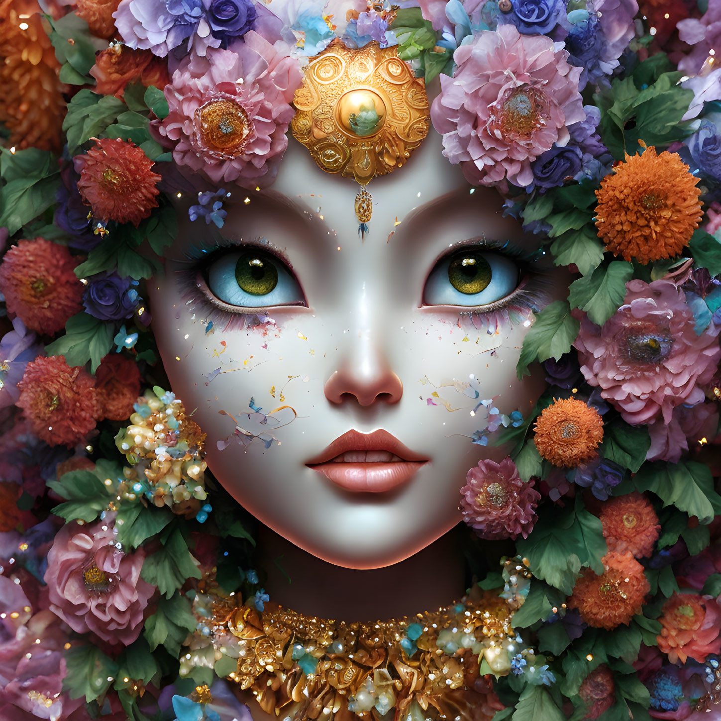 Colorful Floral Digital Artwork Featuring Expressive Green Eyes