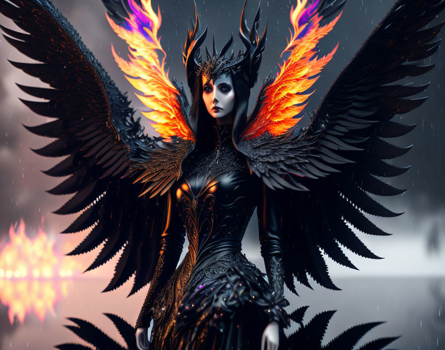 Dark armored fantasy figure with crown and fiery wings in snowy setting