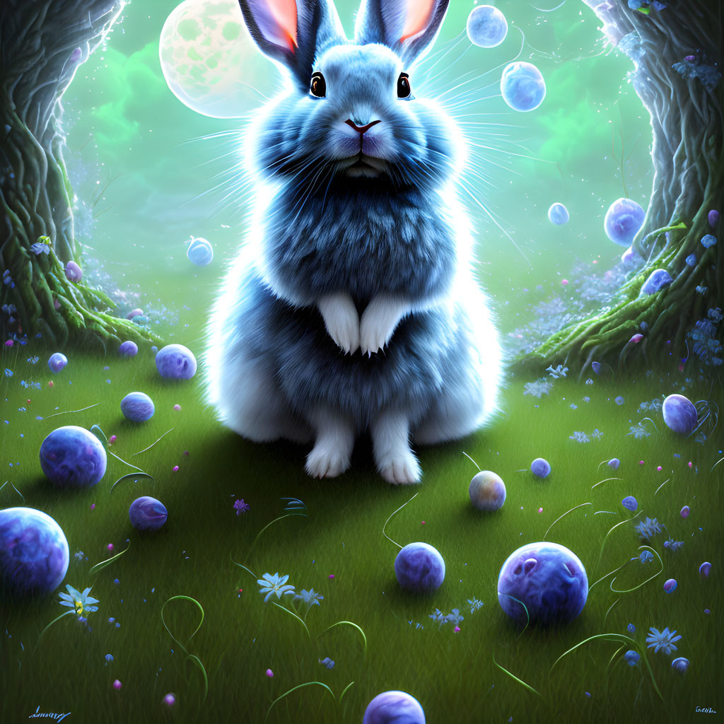 Blue rabbit in magical meadow under night sky with multiple moons and glowing orbs
