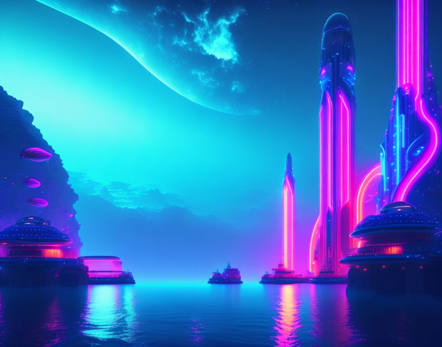 Futuristic neon-lit cityscape by tranquil sea under starry sky