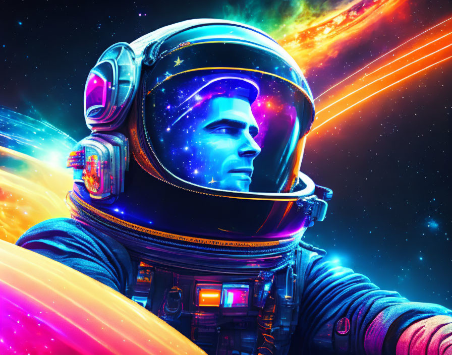 Astronaut with cosmic nebula and starry space reflection on helmet visor