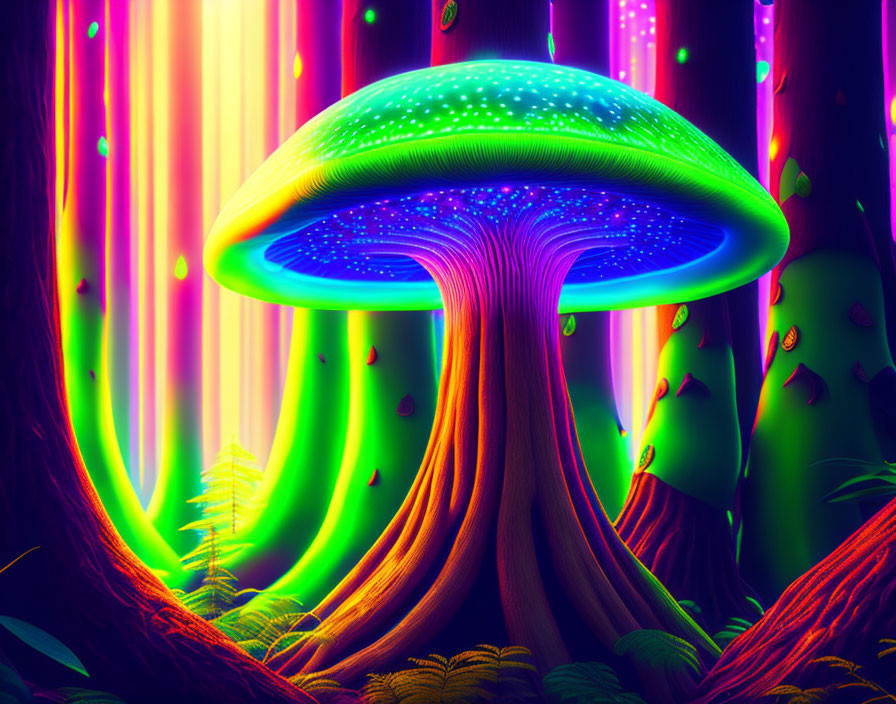 Neon-lit fantasy forest with glowing mushroom