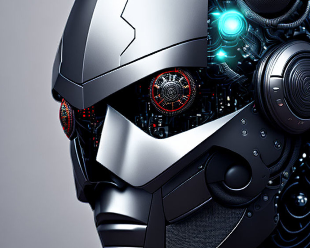 Detailed humanoid robot head with red eyes and grey helmet.