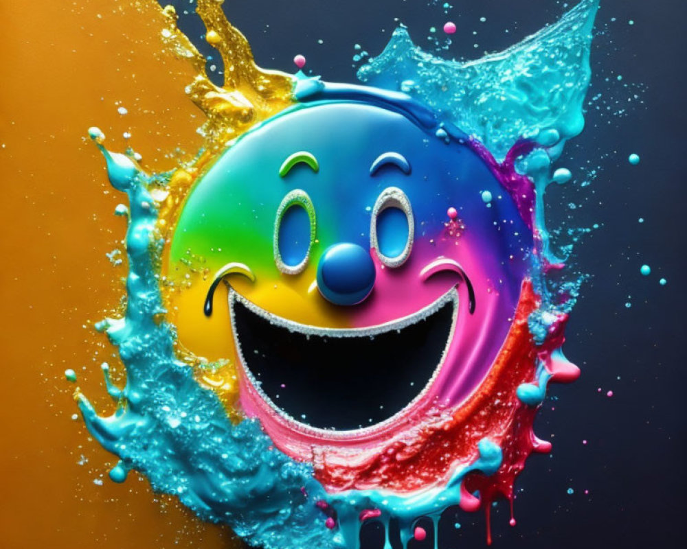 Colorful Smiling Emoji with Blue and Yellow Liquids splashing