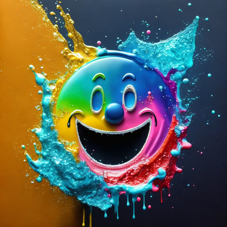 Colorful Smiling Emoji with Blue and Yellow Liquids splashing