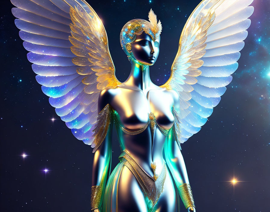 Digital art: Figure with iridescent wings and gold attire on starry backdrop