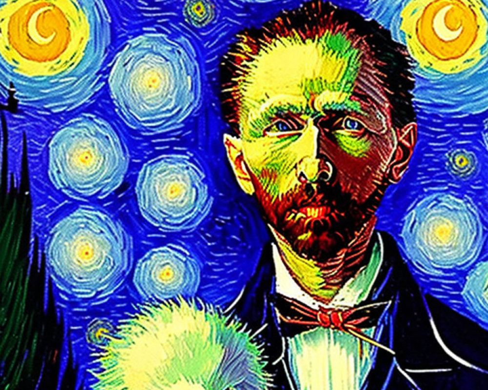 Vincent van Gogh-inspired self-portrait with starry night sky reinterpretation