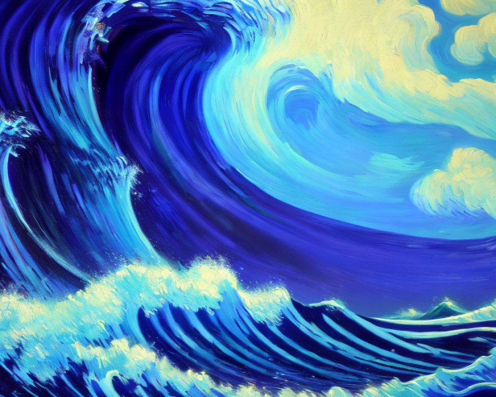 Vibrant painting of swirling blue wave against yellow sky