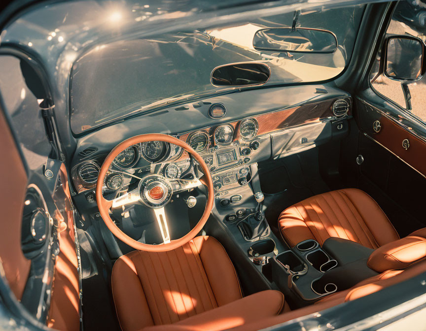 Classic Vintage Car Interior with Wooden Steering Wheel and Tan Leather Seats