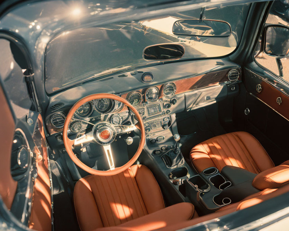 Classic Vintage Car Interior with Wooden Steering Wheel and Tan Leather Seats
