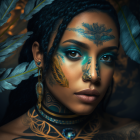 Woman with Blue Makeup, Tattoos, Gold Earrings & Leafy Accessories