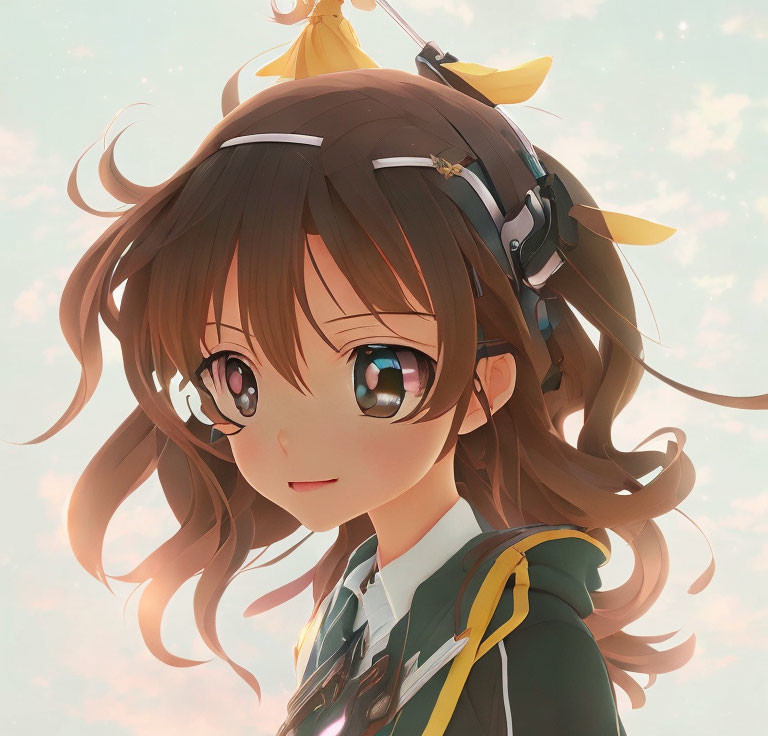 Brown-haired anime girl in school uniform with hair clips and sparkling eyes