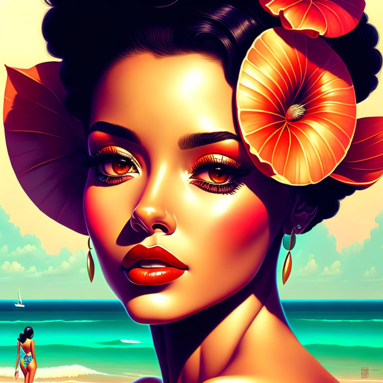 Woman with Large Flowered Hair, Glowing Skin, Ocean View & Beach Person