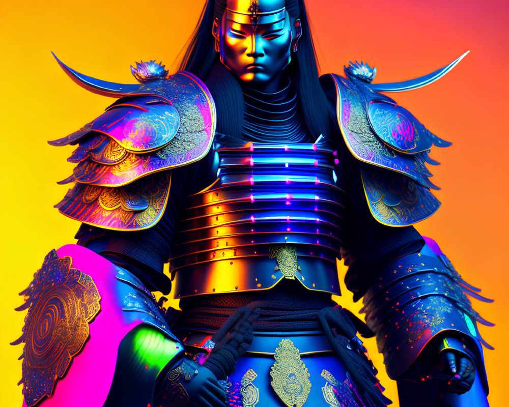 Vibrant samurai digital art in purple, blue, and orange hues