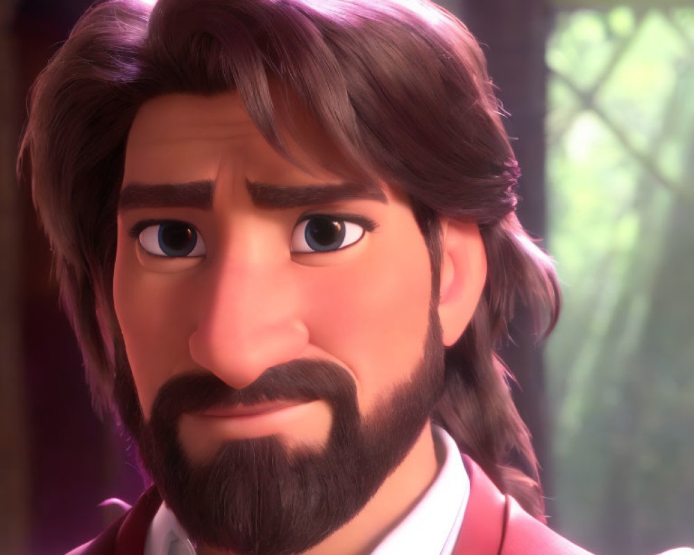Brown-haired male animated character with beard in red vest and white shirt.