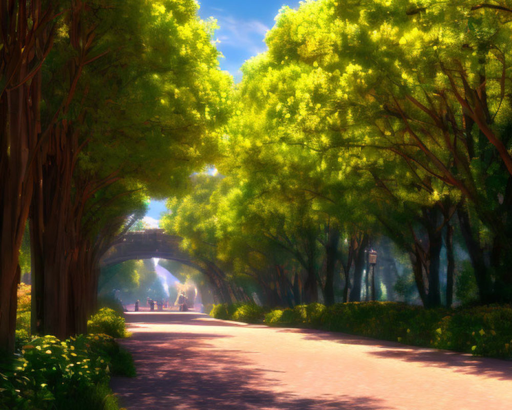 Tranquil park pathway with lush trees and glowing tunnel