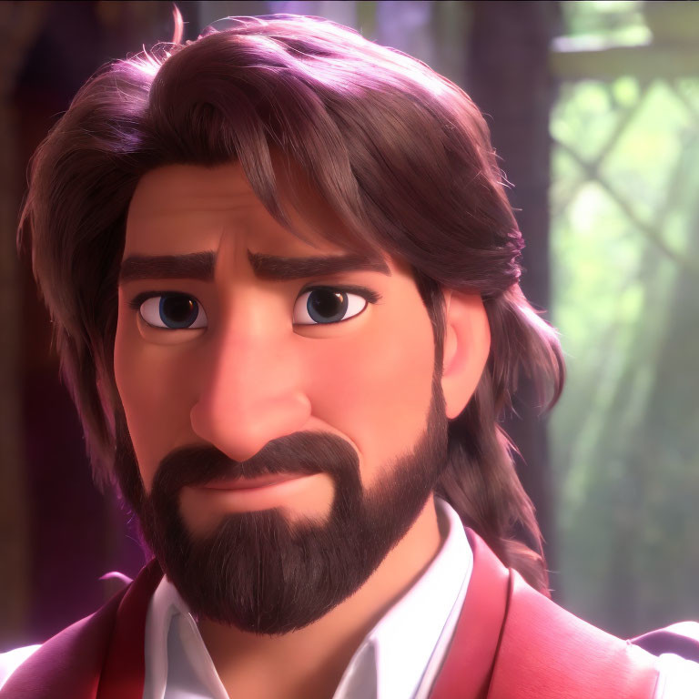Brown-haired male animated character with beard in red vest and white shirt.