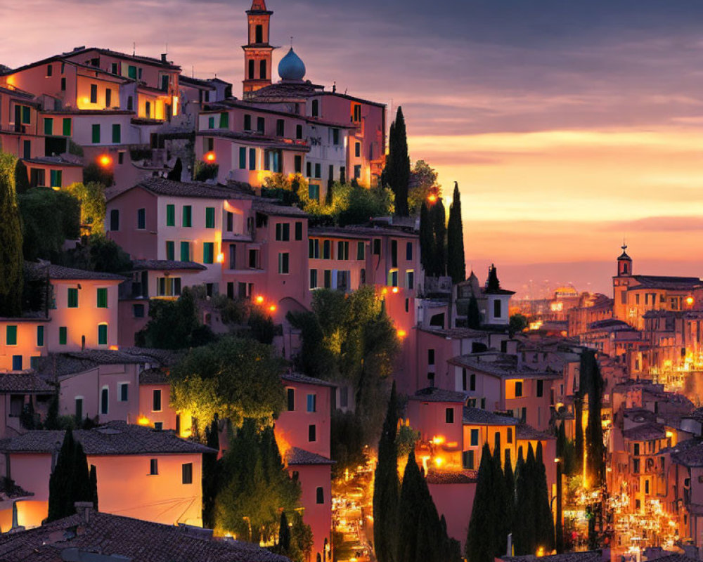 Twilight hillside town with illuminated buildings, cypress trees, and church spire.