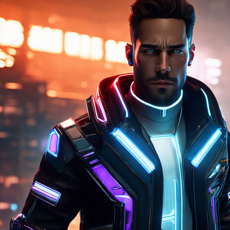 Man in Futuristic Neon-Lit Jacket Against City Lights