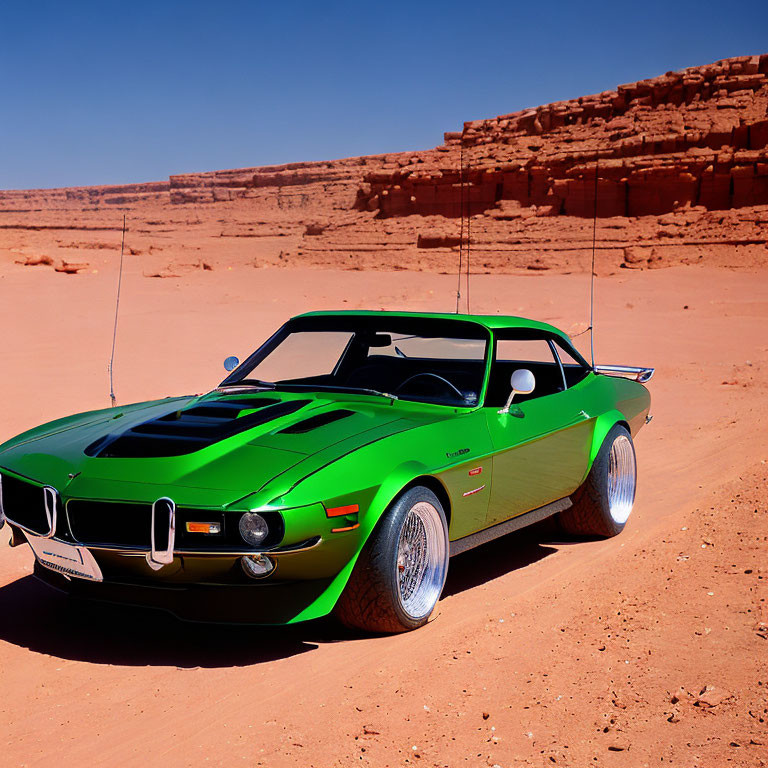 Bright Green Classic Muscle Car on Desert Road with Red Rock Formations