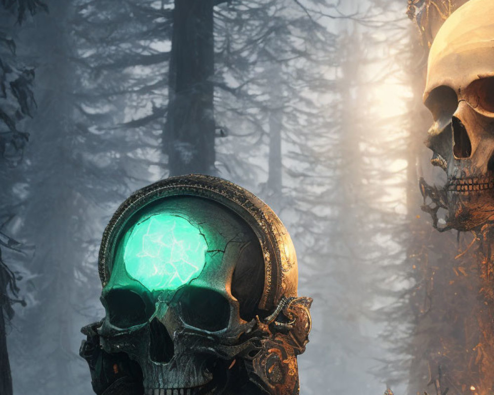 Mystical Green Skull with Metalwork in Foggy Forest