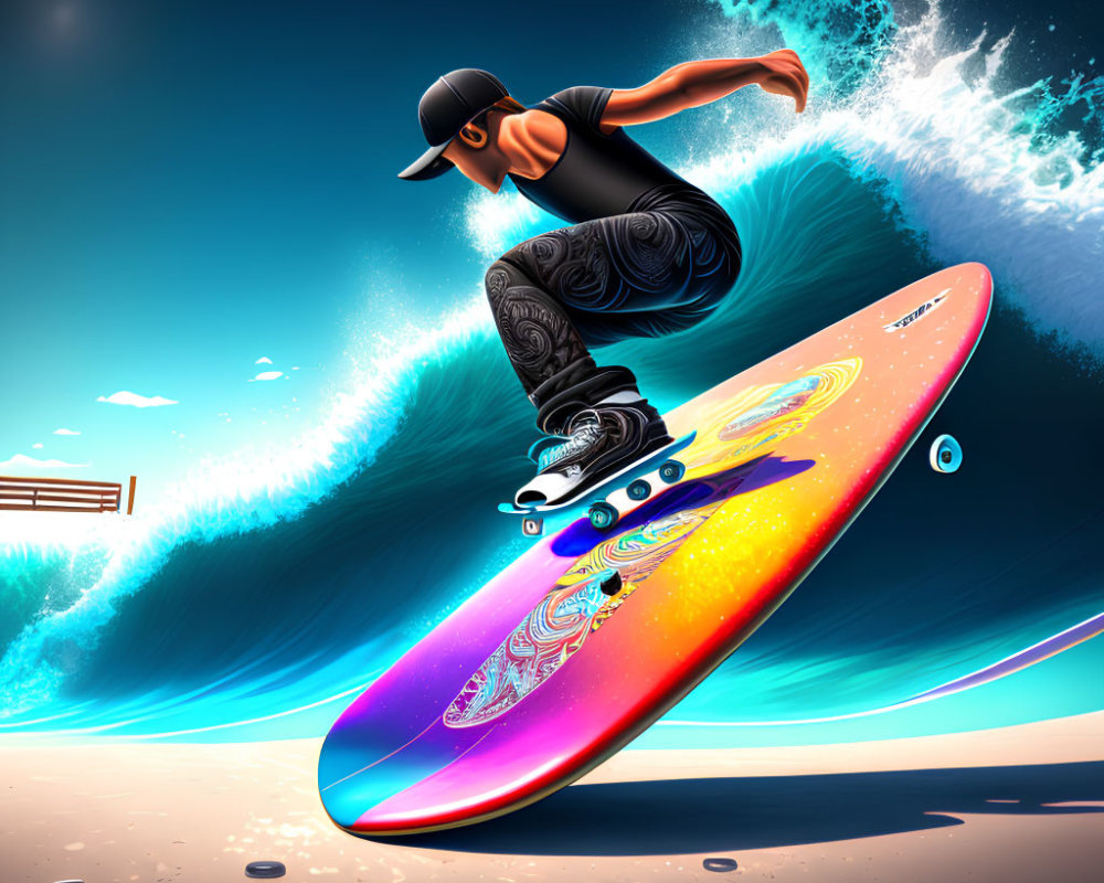 Colorful Skateboarding Illustration on Vibrant Background