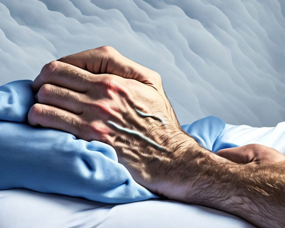 Clenched Hands on Blue Pillow with Wavy Background