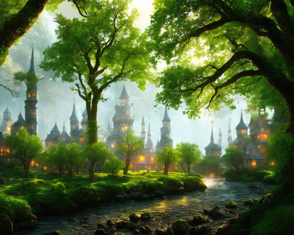 Magical forest scene with village, spires, glowing windows, and stream