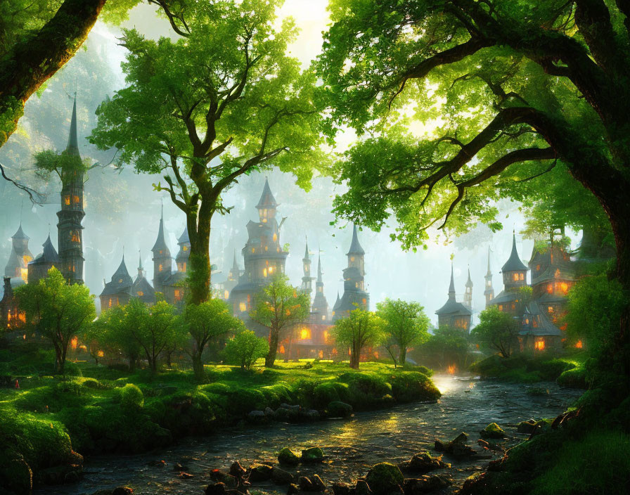 Magical forest scene with village, spires, glowing windows, and stream