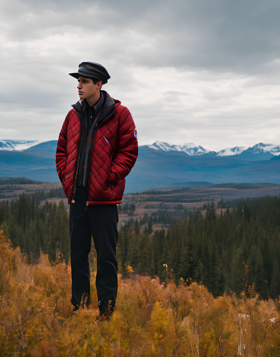 Person in Red Jacket and Hat in Autumn Field with Mountains and Cloudy Skies