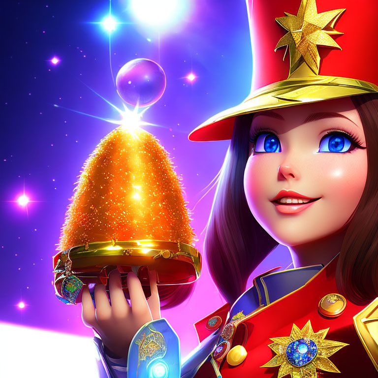 Colorful uniformed animated character holding glowing star-topped cone amid radiant stars