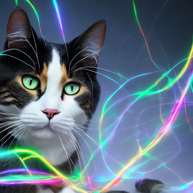 Calico Cat with Green Eyes in Neon Lights on Gray Background