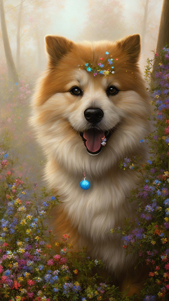 Fluffy dog with blue pendant in enchanted forest among colorful flowers