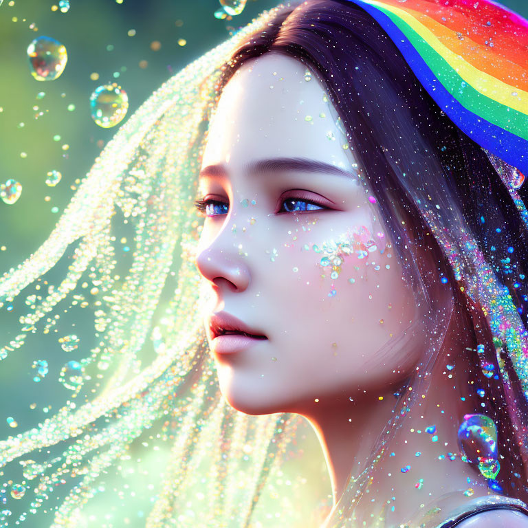 Sparkling skin woman portrait with rainbow light and bubbles on green background