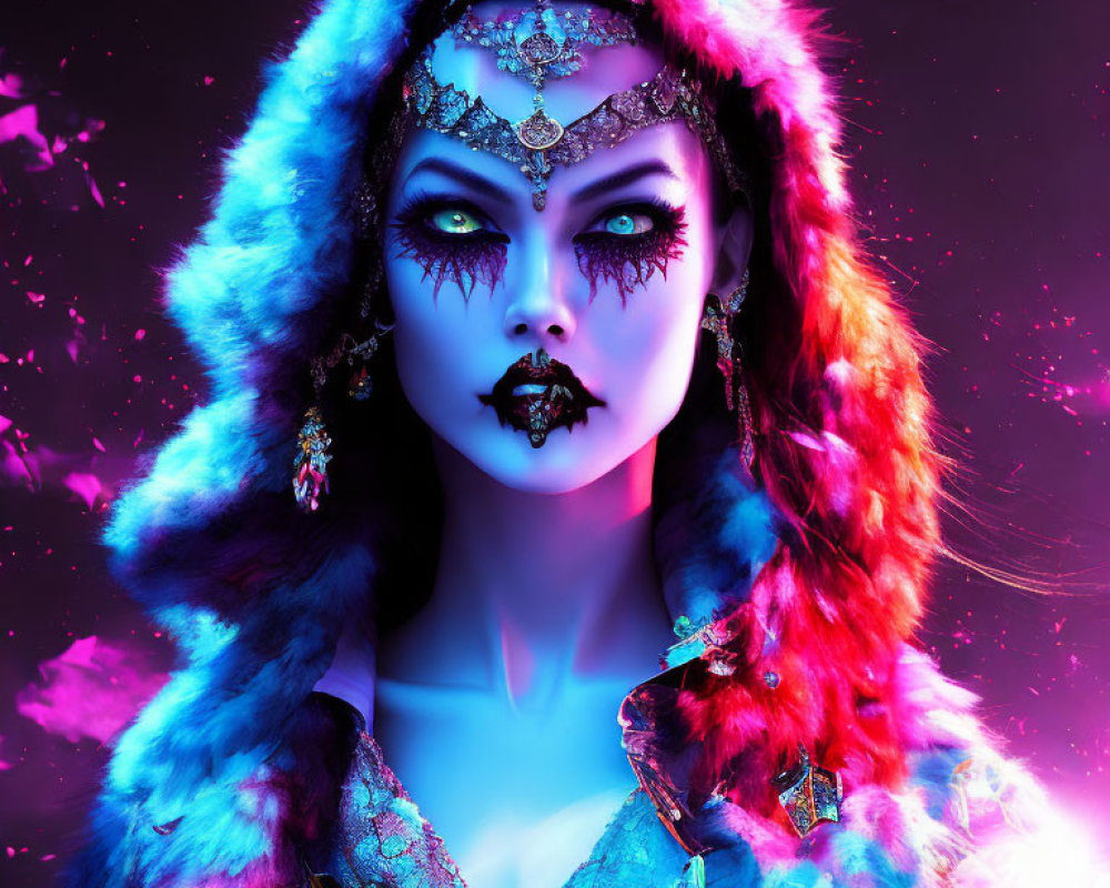Colorful Woman in Vibrant Makeup and Fur Coat under Neon Lighting