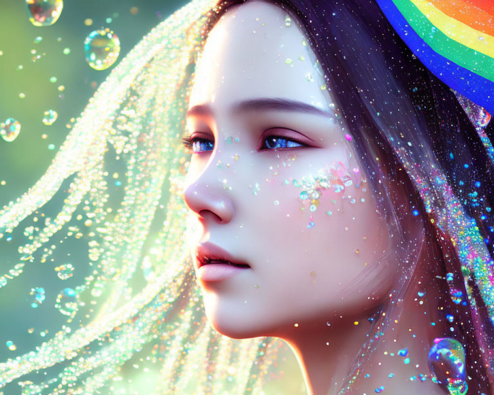 Sparkling skin woman portrait with rainbow light and bubbles on green background
