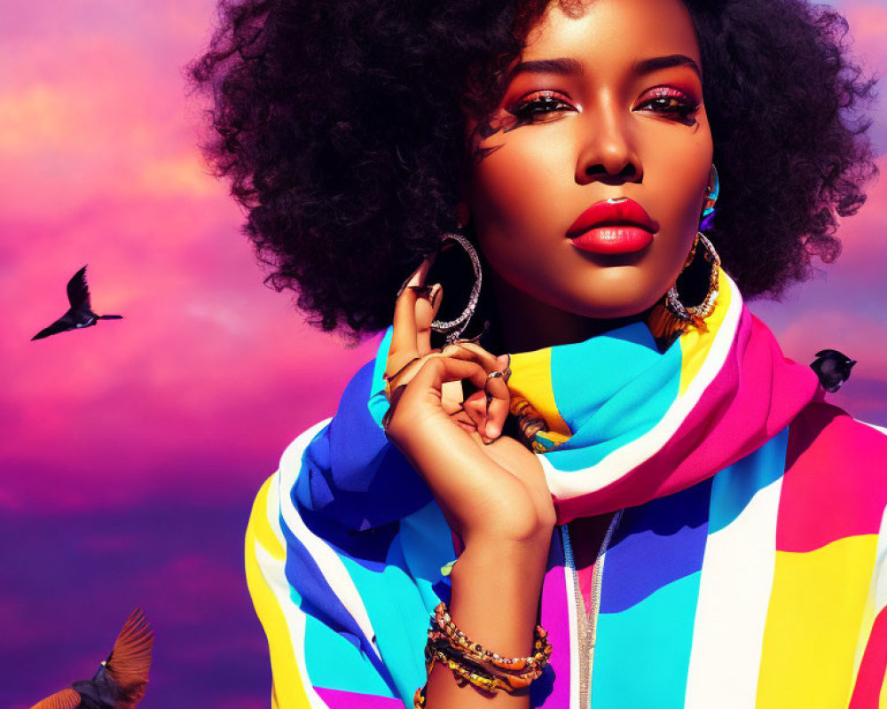 Vibrant woman with curly afro and birds in colorful setting