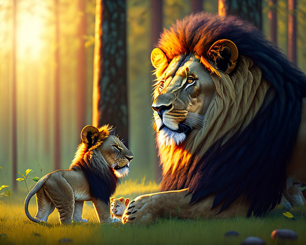 Adult lion and cub in sunlit forest with rays of light.