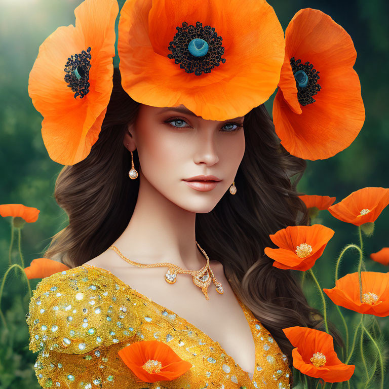 Digital artwork of a woman with poppies in her hair, blue eyes, gold jewelry, and yellow