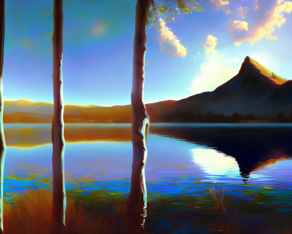Scenic digital artwork: Trees, lake, mountain at sunset