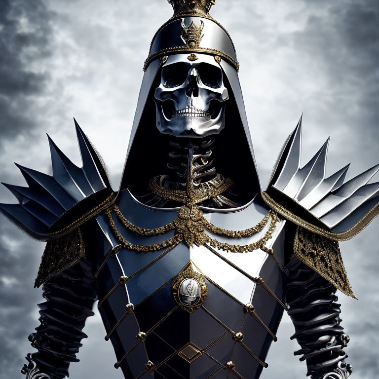 Detailed skeletal figure in dark armor with gold accents under stormy sky