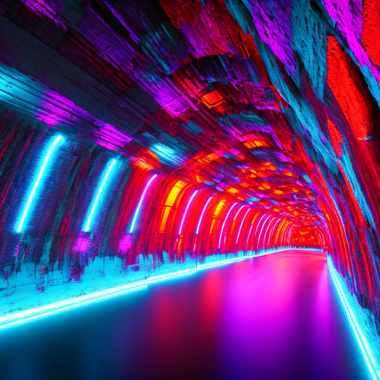 Neon-lit tunnel with blue and pink lights, futuristic ambiance