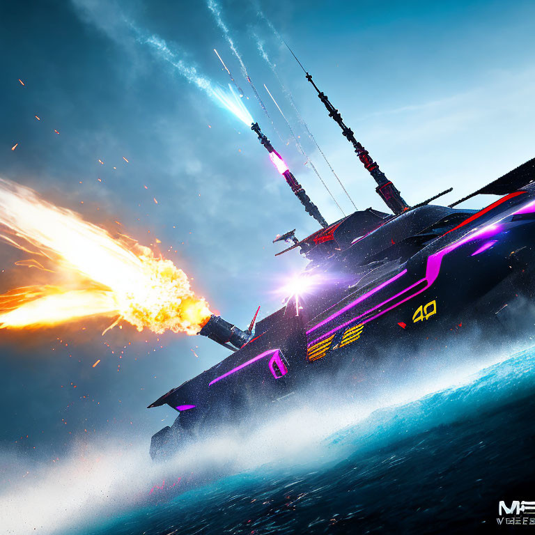 Futuristic battleship firing bright blast with neon highlights