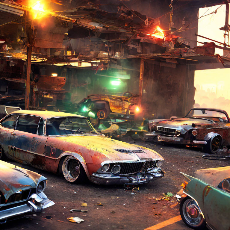 Derelict cars and decaying buildings in a post-apocalyptic setting