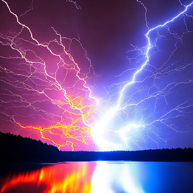 Vivid lightning bolts illuminate night sky over a lake
