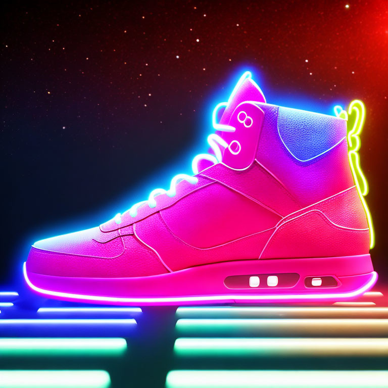 Colorful Neon-Lit Sneaker on Dark Background