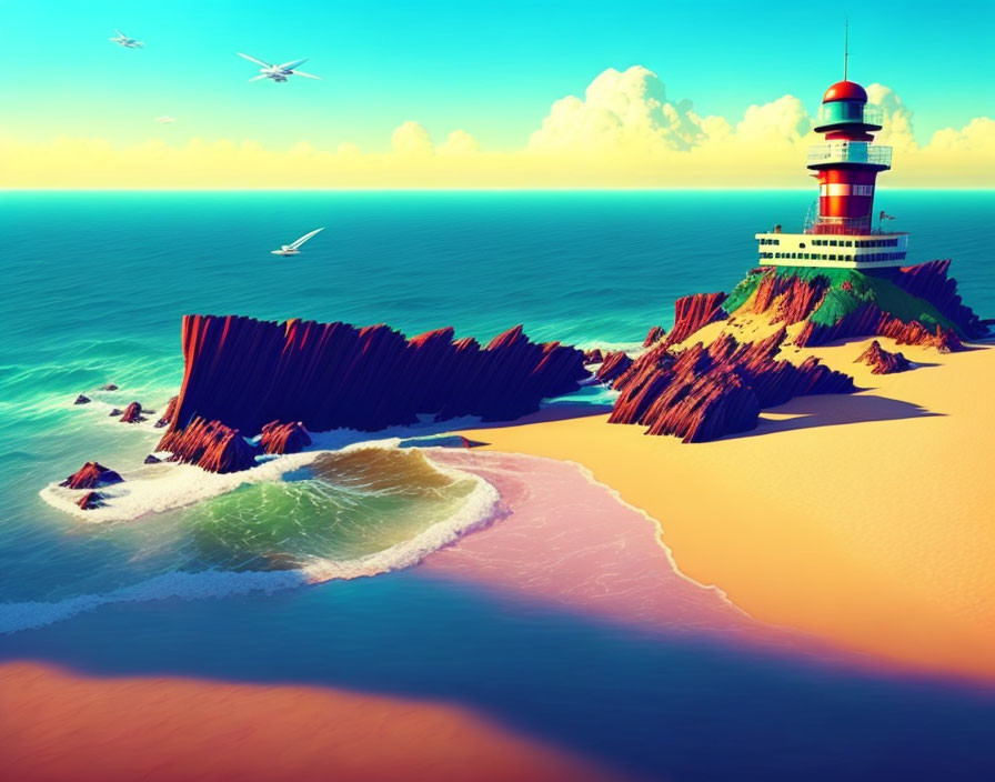 Vibrant lighthouse on rocky cliff above beach with clear ocean waters and planes in the sky