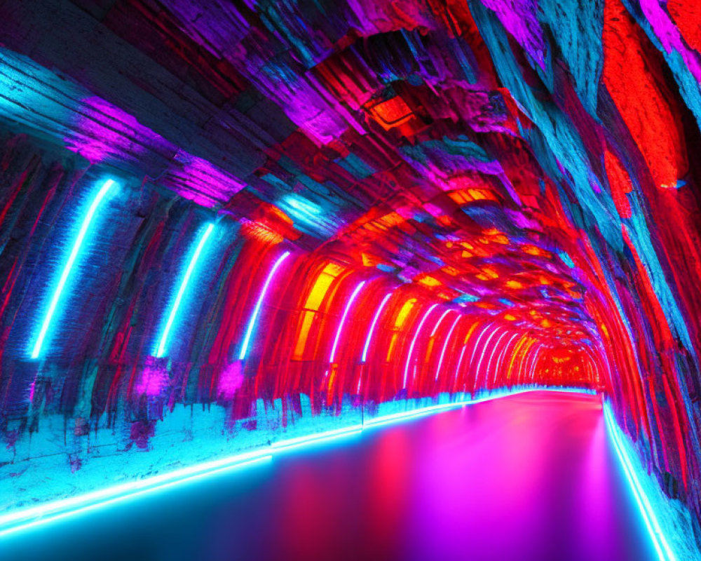 Neon-lit tunnel with blue and pink lights, futuristic ambiance