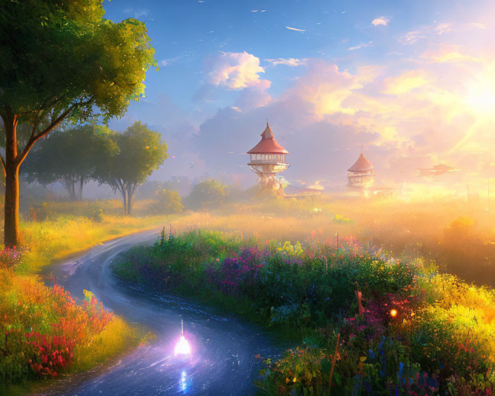 Scenic sunrise landscape with winding road, meadow, birds, and pagodas